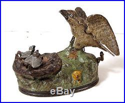 1880's EAGLE & EAGLETS CAST IRON MECHANICAL BANK with GREAT PAINT By J & E STEVENS