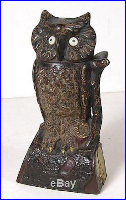 1880's OWL TURNS HEAD CAST IRON MECHANICAL BANK with GREAT PAINT By J & E STEVENS