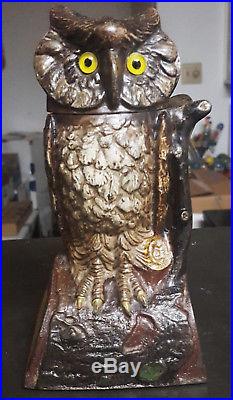 1880s Antique Cast Iron Owl Turns Head Mechanical Bank by J & E Stevens