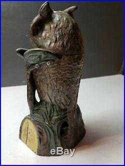1880s Antique Cast Iron Owl Turns Head Mechanical Bank by J & E Stevens org pain