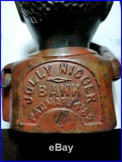 1882 Antique Cast Iron JOLLY Black Americana Mechanical Toy Bank, Original Paint