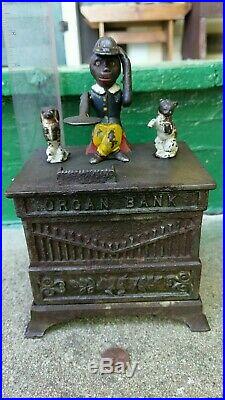 1882 Kyser & Rex cast iron mechanical Organ Bank. Monkey, cat & dog action. Works