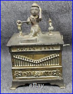 1882 Vintage Original Cast Iron Organ Bank Mechanical Monkey E42