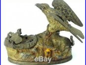 1883 Antique Original J & E Stevens Cast Iron Mechanical Bank Eagle & Eaglets