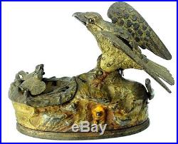 1883 Antique Original J & E Stevens Cast Iron Mechanical Bank Eagle & Eaglets