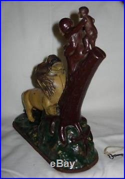 1883 KYSER & REX CAST IRON LION & TWO MONKEYS (TALL TREE) MECH. BANK with KEY