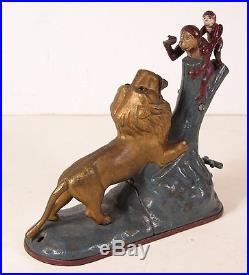 1883 LION & TWO MONKEYS CAST IRON MECHANICAL BANK SHORT TREE By KYSER & REX