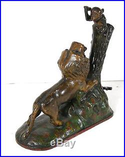 1883 LION & TWO MONKEYS CAST IRON MECHANICAL BANK with GREAT PAINT By KYSER & REX