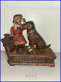 1885 Antique Shepard Hardware Painted Cast Iron SPEAKING DOG Mechanical Bank NR