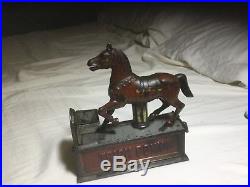1885 Cast Iron Mechanical Bank trick pony nice original paint original one owner