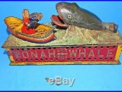 1890 Antique Shepard Cast Iron Jonah and the Whale Mechanical Bank Wonderful