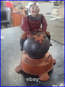 1890 Original Old Clown On Globe Mechanical Cast Iron Bank