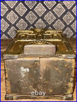 1890s Antique Still Bank City Bank With Teller Rare Japanned Gilt Finish
