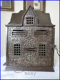 1890s Large Cast Iron Home Savings coin bank withcoin insert wood dividers Dayton