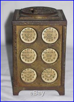 1910 Cast Iron Bank WORLD TIME BANK by Arcade retains all 24 Org Paper CLOCKS
