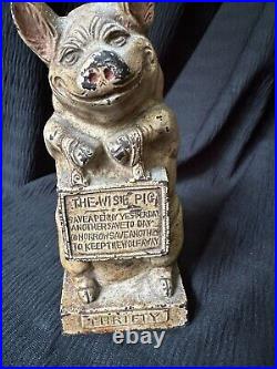 1930's Hubley JMR Thrifty Wise Pig Cast Iron Bank