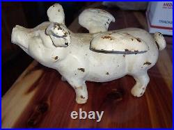 1940s Antique White Cast Iron Piggy Bank