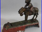 19thC Antique J E Stevens Black Americana Cast Iron Jockey Mule Mechanical Bank