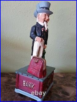 19th Century Antique Cast Iron Fully Functioning Uncle Sam Secret Money Bag Bank