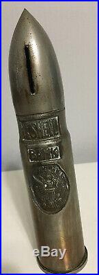 1-1/2 Artillery Shell Cast Iron Coin Bank Eagle Emblem WW 1 Antique Circa 1918