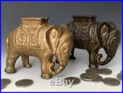 (2) Antique Cast Iron Elephant with Howdah Still Penny Banks, AC Williams, ca. 1925