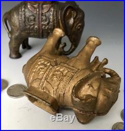 (2) Antique Cast Iron Elephant with Howdah Still Penny Banks, AC Williams, ca. 1925