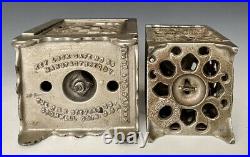 (2) Antique Nickel Plated Cast Iron Still Penny Safe Banks, J&E Stevens, 1896/97