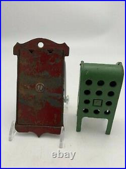2 Cast Iron Banks-Green US Mailbox and Red Wall Mounted US Mailbox