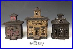 3 Antique Cast Iron J&E Stevens & Kenton Still Penny Cupola State Bank Buildings