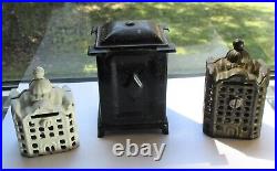 3x Antique Toy Banks 2x 1910s Cast Iron Building Figural Banks & 1xTin Bank/Safe