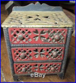 AAFA Rare Cast Iron Still Bank Chest with drawers Heart Motif Original Paint