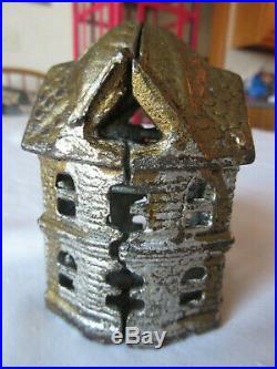 AC Williams cast iron six-sided Bank Building coin still bank c. 1905