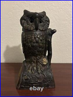 ANTIQUE CAST IRON MECHANICAL BANK ORIGINAL OWL TURNS HEAD BANK By J & E STEVENS