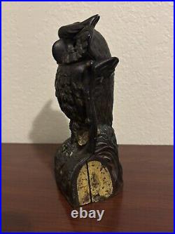 ANTIQUE CAST IRON MECHANICAL BANK ORIGINAL OWL TURNS HEAD BANK By J & E STEVENS