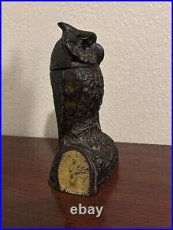 ANTIQUE CAST IRON MECHANICAL BANK ORIGINAL OWL TURNS HEAD BANK By J & E STEVENS