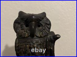ANTIQUE CAST IRON MECHANICAL BANK ORIGINAL OWL TURNS HEAD BANK By J & E STEVENS