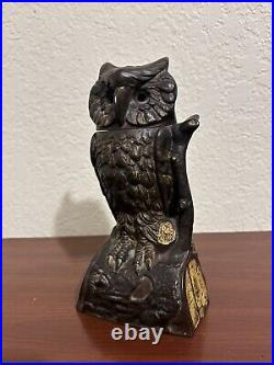 ANTIQUE CAST IRON MECHANICAL BANK ORIGINAL OWL TURNS HEAD BANK By J & E STEVENS