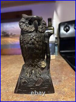 ANTIQUE CAST IRON MECHANICAL BANK ORIGINAL OWL TURNS HEAD BANK By J & E STEVENS