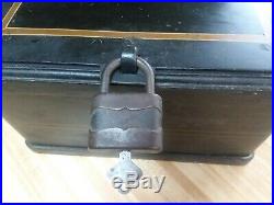 ANTIQUE CAST IRON STRONG BOX SAFE BANK with LOCK STAGE COACH TRAIN WELLS FARGO ERA