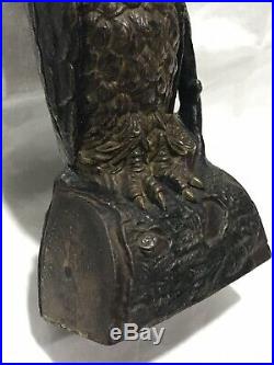 ANTIQUE STEVENS CAST IRON OWL MECHANICAL COIN BANK GLASS EYES Circa 1880