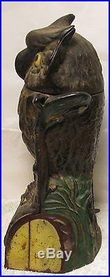 ANTIQUE STEVENS CAST IRON OWL MECHANICAL COIN BANK WITH GLASS EYES 1880