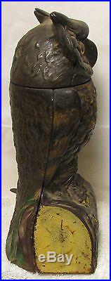 ANTIQUE STEVENS CAST IRON OWL MECHANICAL COIN BANK WITH GLASS EYES 1880