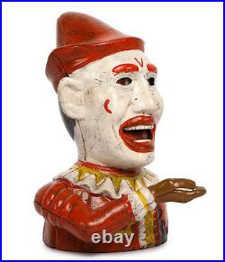 ANTIQUE VINTAGE STYLE CAST IRON Humpty Dumpy Clown MECHANICAL BOX Money BANK 2PC