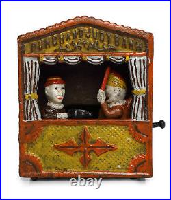 ANTIQUE / VINTAGE STYLE CAST IRON MECHANICAL PUNCH AND JUDY MONEY BOX BANK 2 Pc