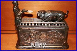 Antique 1878 Cast Iron Clockwork Mechanical Toy Bank Ives Bull Dog Rare