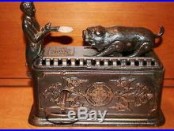 Antique 1878 Cast Iron Clockwork Mechanical Toy Bank Ives Bull Dog Rare