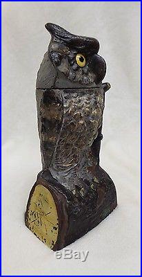 Antique 1880 Cast Iron Owl Turning Head Mechanical Toy Bank by J & E Stevens Co
