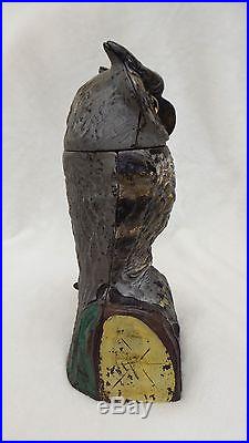 Antique 1880 Cast Iron Owl Turning Head Mechanical Toy Bank by J & E Stevens Co