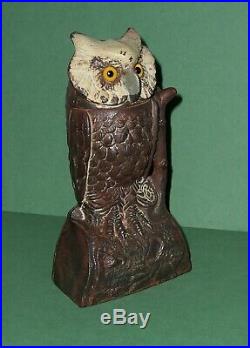 Antique 1880's Cast Iron Owl Bank J. E. Stevens Turns Head