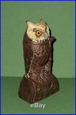 Antique 1880's Cast Iron Owl Bank J. E. Stevens Turns Head